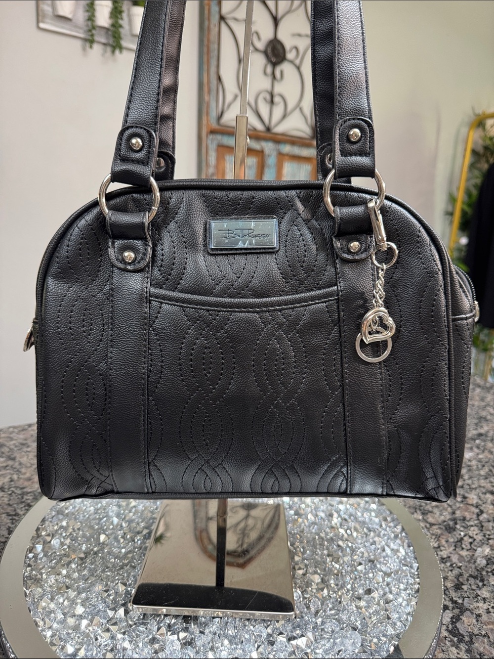 Bella Russo Black Quilted Satchel with Heart Charm Accent crossbody strap NWOT
